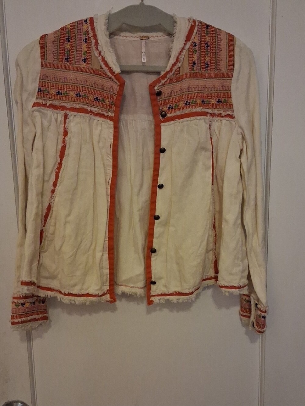 Free People Cream, Red and Orange Embroidered White Lined Cotton Boho  Jacket XS